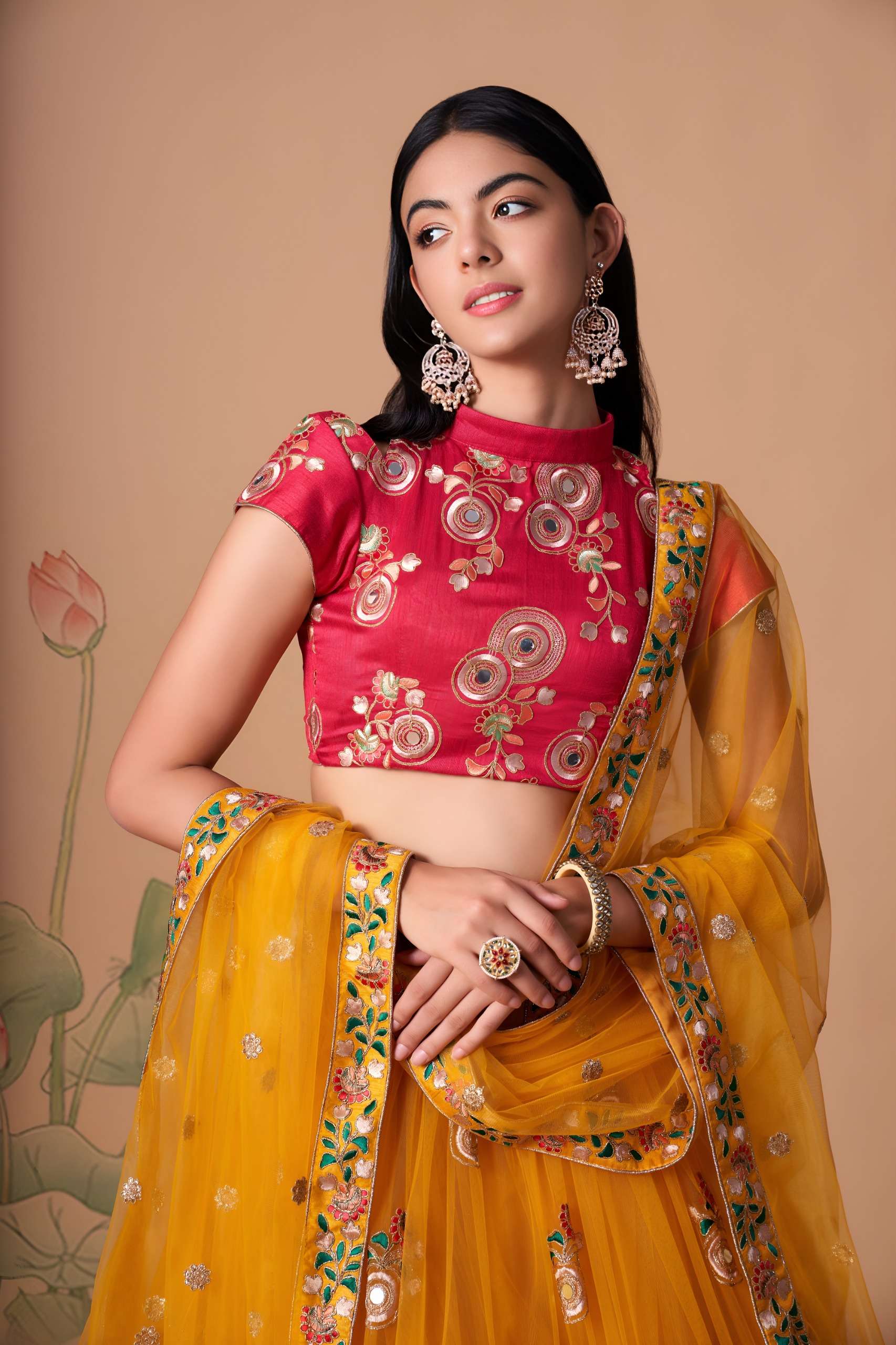 Mustard Yellow & Rani Pink colour fabric with Mirror Work on Lehenga Choli supplier in surat 7324 Yellow